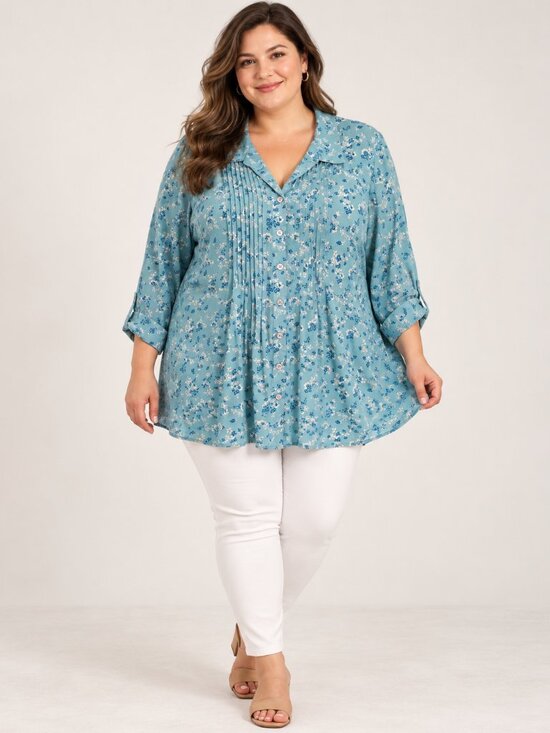Woman Within Tops - Woman Within 3X Blue Floral Pintuck Button Front Tunic Blouse Plus Size
